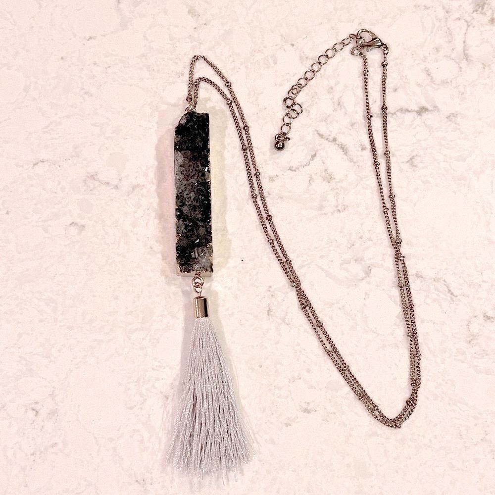 *3/$20* Gray crystal and tassel pendant gold tone long necklace